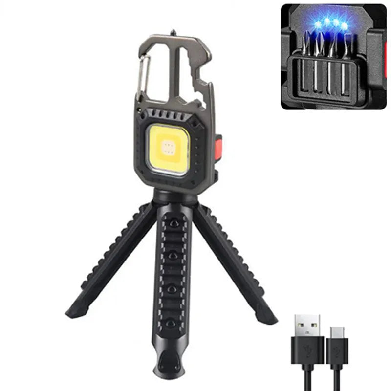 COB-Schlüsselbund-LED Taschenlampe UPGRADED Version | 7 Lichtmodi und Multifunktional Bit-Set: USB Wiederaufladbar (Grau mit Standfuß)