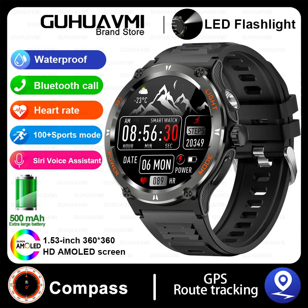 Outdoor LED-Flash Smartwatch für Herren | GPS, Kompass, BT 5.3 Anrufe, Health Assistent