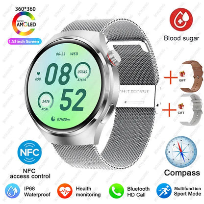 Watch 4 Pro NFC Smartwatch: AMOLED HD Display, Blood Sugar Monitoring, BT Call, IP68 Waterproof