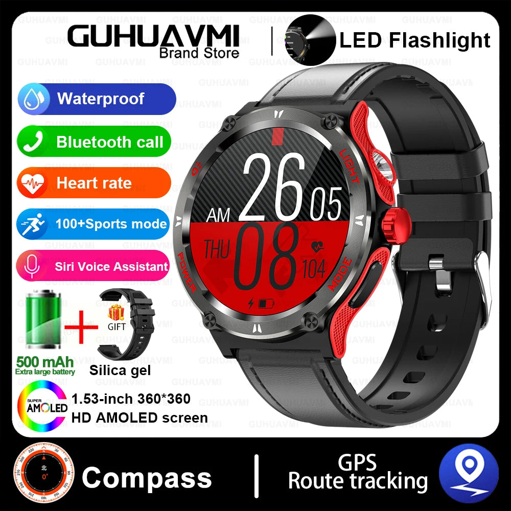 Outdoor LED-Flash Smartwatch für Herren | GPS, Kompass, BT 5.3 Anrufe, Health Assistent