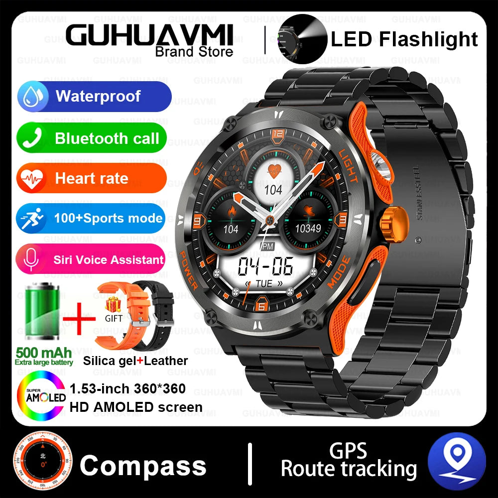 Outdoor LED-Flash Smartwatch für Herren | GPS, Kompass, BT 5.3 Anrufe, Health Assistent