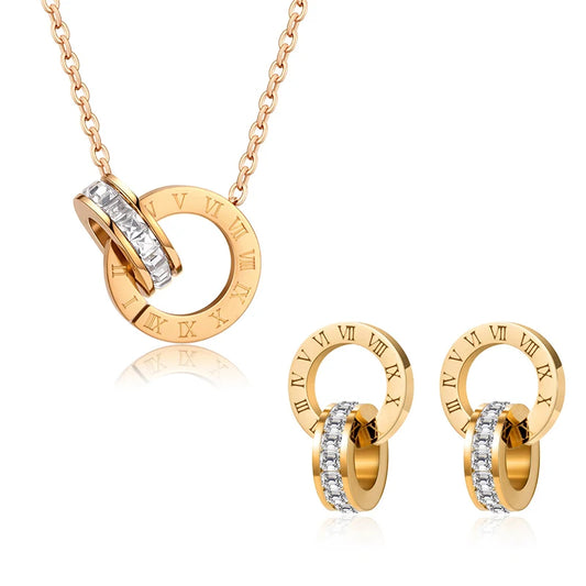 Römische Ziffern Halskette & Ohrringe Set für Damen - Hochglanz Schmuck - gold