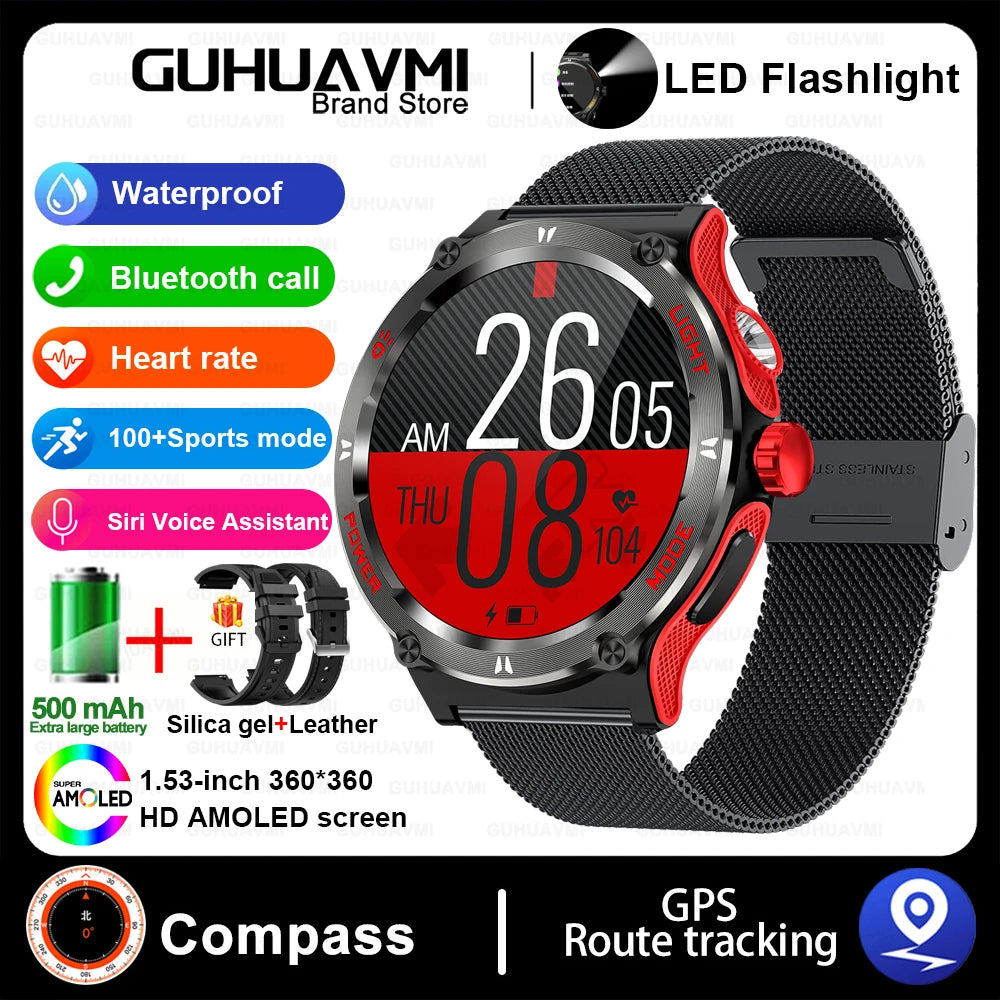 Outdoor LED-Flash Smartwatch für Herren | GPS, Kompass, BT 5.3 Anrufe, Health Assistent