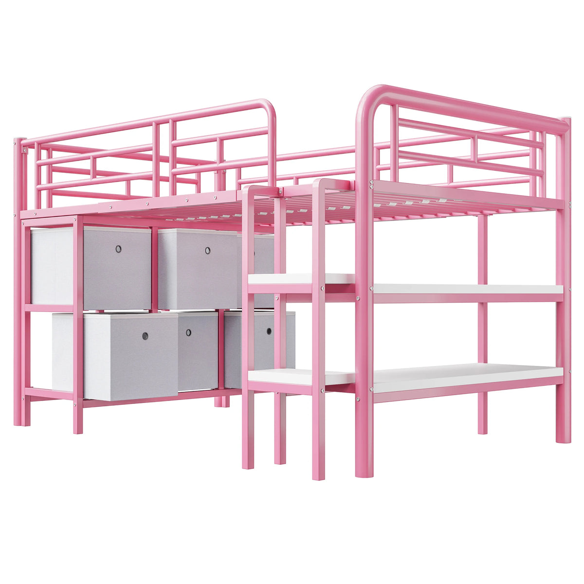KOMHTOM Metallhochbett für Kinder 90x200 Cm mit Breiter Treppe Abgerundeten Ecken Stauraum Schubladen und Regalen – Bild 6
