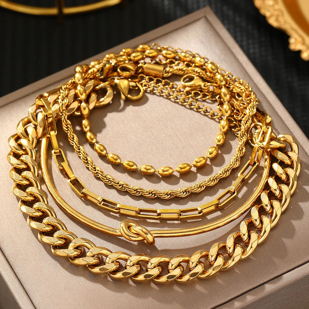 Modisches Edelstahl-Armband-Set | Luxuriöses Schmuckgeschenk für Damen (Gold)