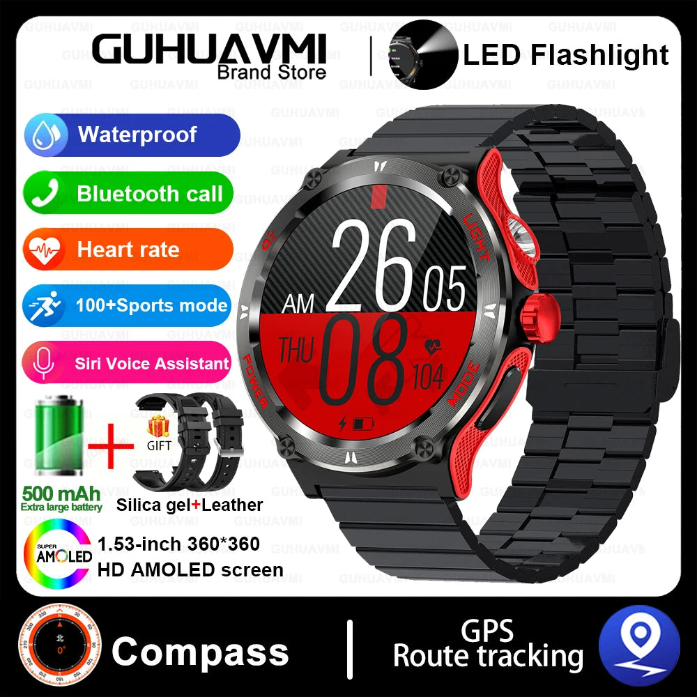 Outdoor LED-Flash Smartwatch für Herren | GPS, Kompass, BT 5.3 Anrufe, Health Assistent