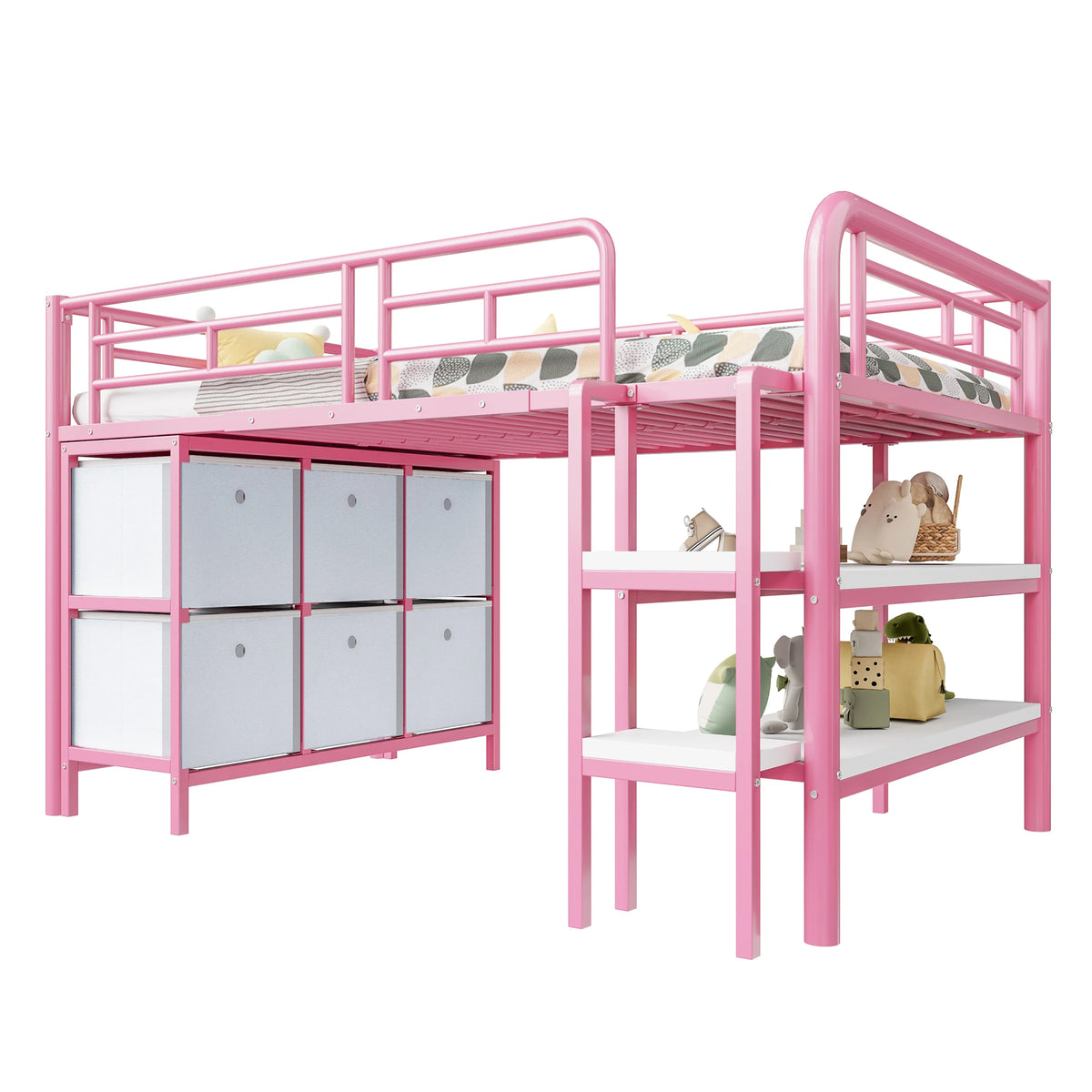 KOMHTOM Metallhochbett für Kinder 90x200 Cm mit Breiter Treppe Abgerundeten Ecken Stauraum Schubladen und Regalen – Bild 3