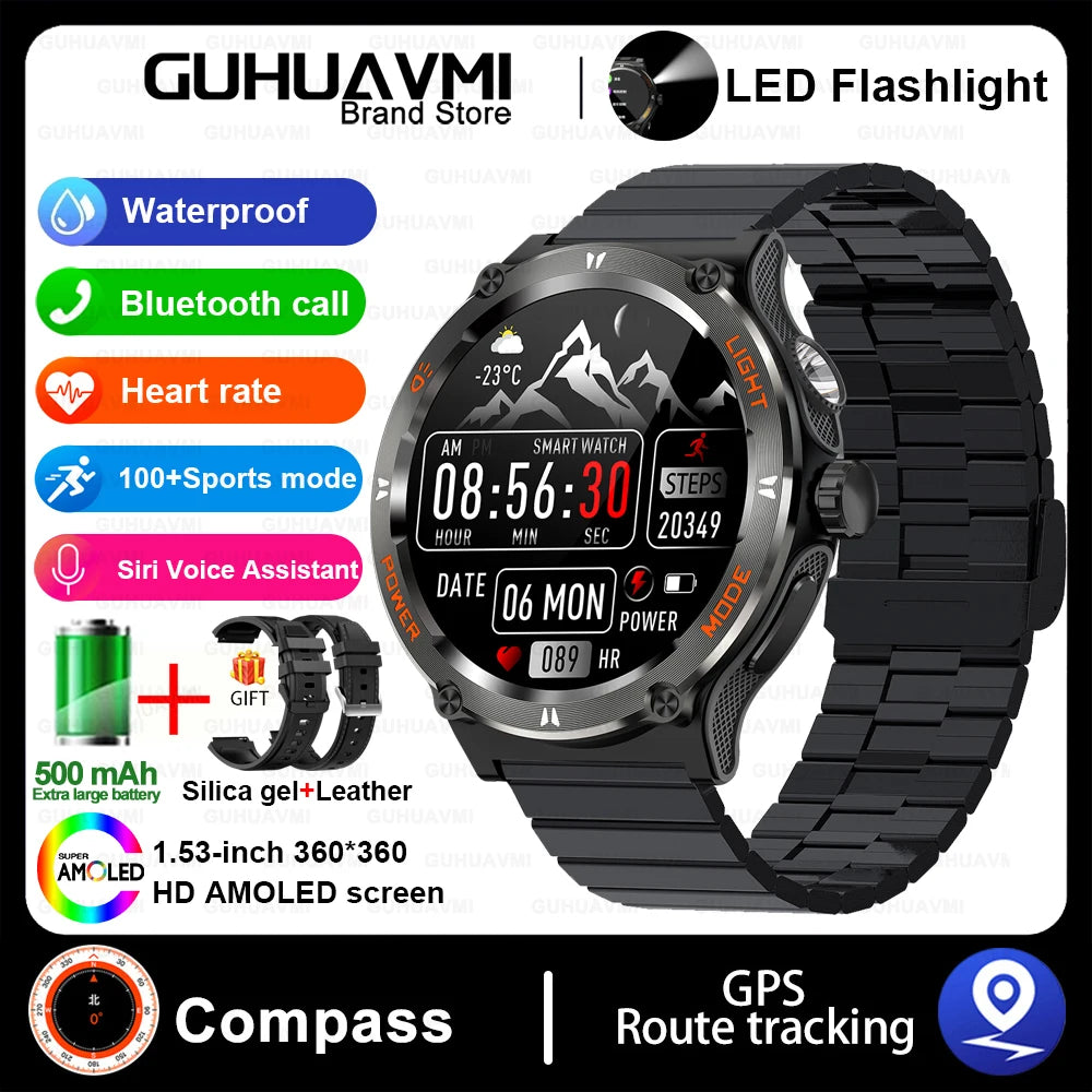 Outdoor LED-Flash Smartwatch für Herren | GPS, Kompass, BT 5.3 Anrufe, Health Assistent