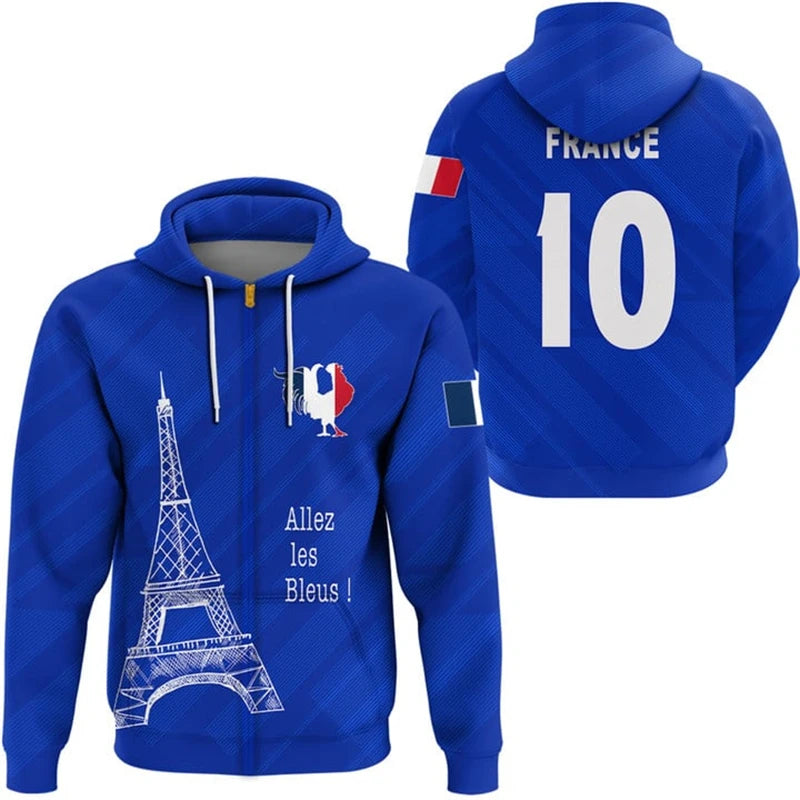 Frankreich ZIP Sport Hoodie 3D: Unisex | EM2024 Streetwear (Blau-Weiß)