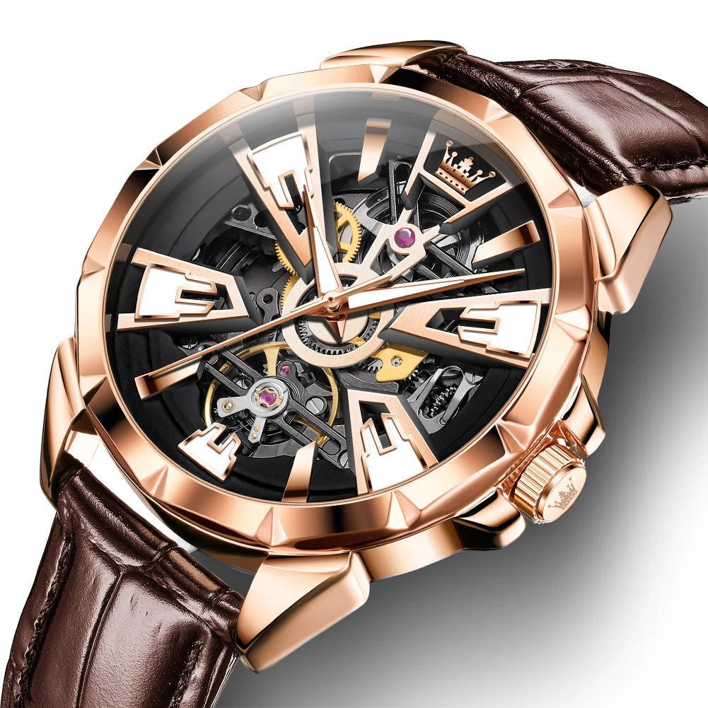 Tourbillon Automatik Mechanische Herrenuhr | Edelstahlgehäuse, Lederarmband, Leuchtzifferblatt, Wasserdicht (Bronze/Kastanienbraun)