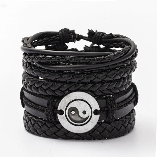 Vintage Ethno-Design Geflochtene Lederarmband für Männer mit Holzperlen (Ying Yang)