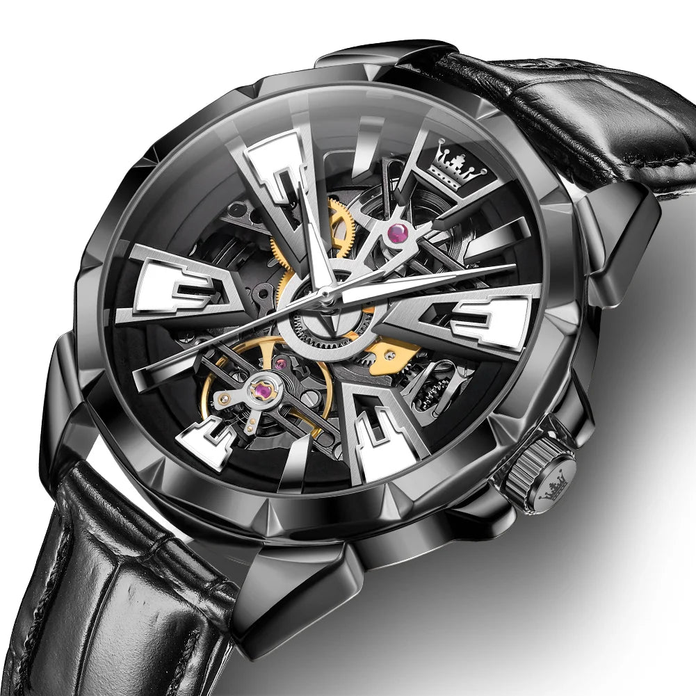 Tourbillon Automatik Mechanische Herrenuhr | Edelstahlgehäuse, Lederarmband, Leuchtzifferblatt, Wasserdicht (Schwarz)