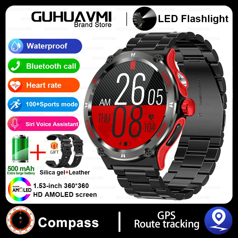 Outdoor LED-Flash Smartwatch für Herren | GPS, Kompass, BT 5.3 Anrufe, Health Assistent