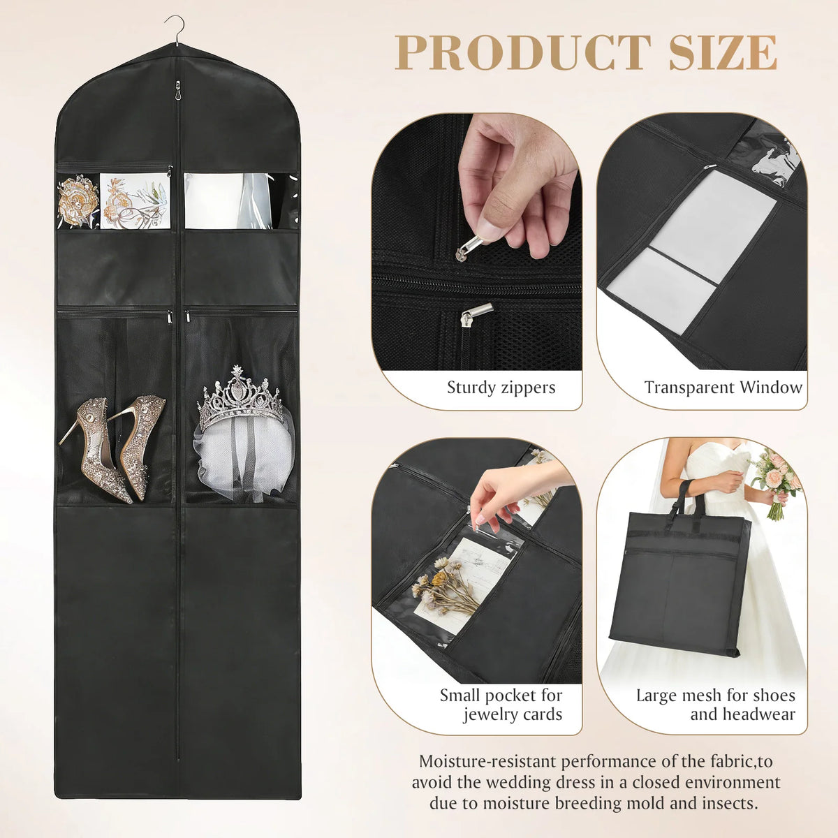 180cm Atmungsaktive Brautkleid-Kleidersäcke Hängende Kleider-Staubschutzhülle Aufbewahrungs-Reisetasche Faltbare Abendkleid-Schutzhülle – Bild 5
