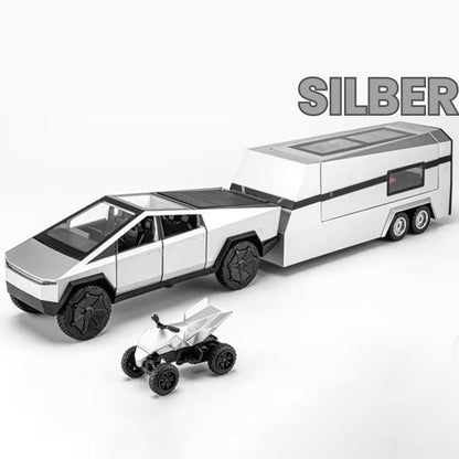 TESLA Cybertruck Modellauto mit Trailer und Beach Motorrad | aus Druckgussmetall mit Licht und Sound (Silber)