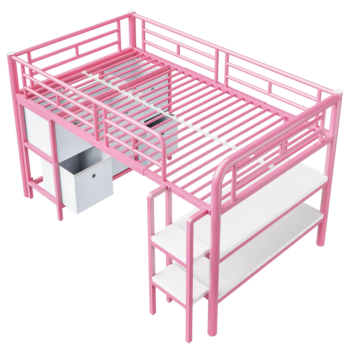 KOMHTOM Metallhochbett für Kinder 90x200 Cm mit Breiter Treppe Abgerundeten Ecken Stauraum Schubladen und Regalen – Bild 5
