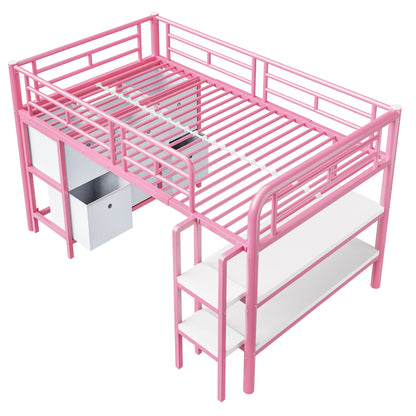 KOMHTOM Metallhochbett für Kinder 90x200 Cm mit Breiter Treppe Abgerundeten Ecken Stauraum Schubladen und Regalen – Bild 5
