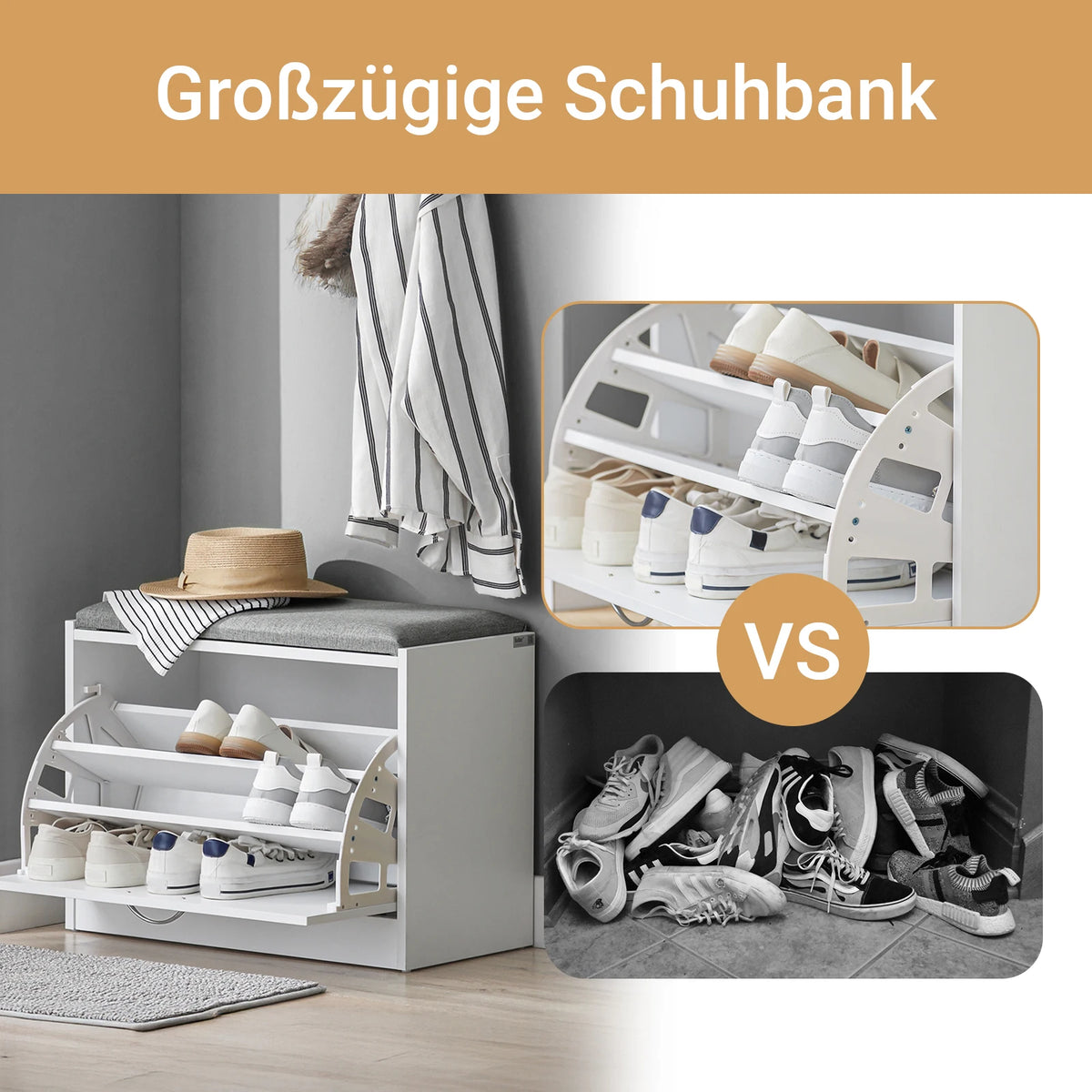 SoBuy FSR16 Schuhbank mit Sitzkissen Schuhregal Schuhkipper mit 1 Klappe Sitzbank Schuhschrank Schmal BHT Ca. 60x46x30cm – Bild 5