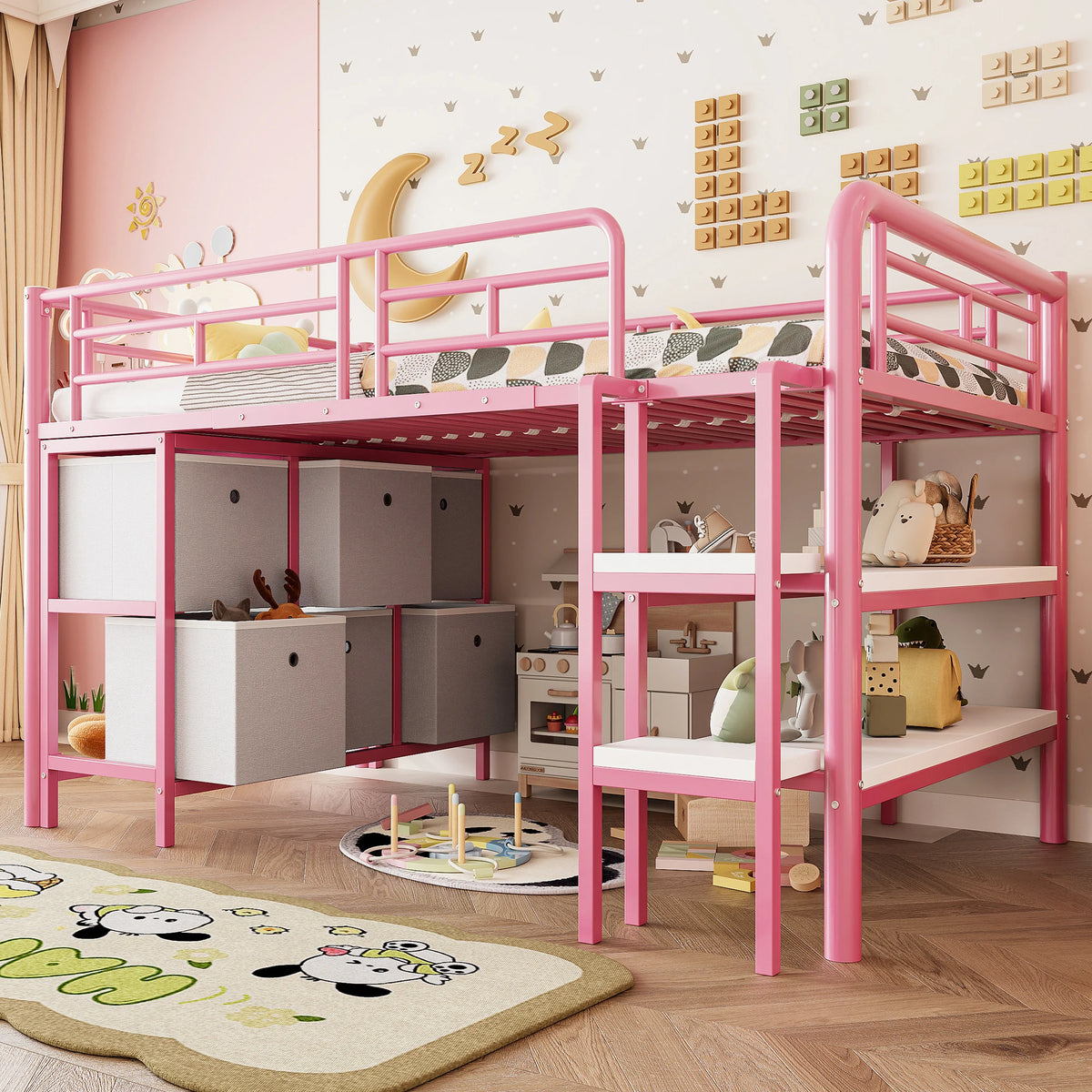 KOMHTOM Metallhochbett für Kinder 90x200 Cm mit Breiter Treppe Abgerundeten Ecken Stauraum Schubladen und Regalen – Bild 2