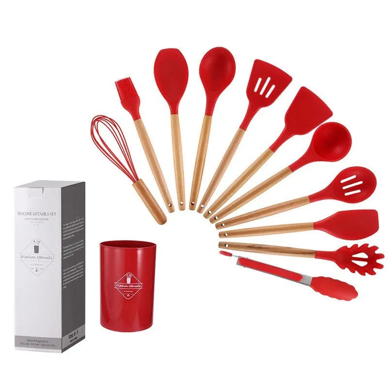 12-Piece Premium Silicone and Wooden Handle Kitchen Utensil Set with Non-Stick Surface