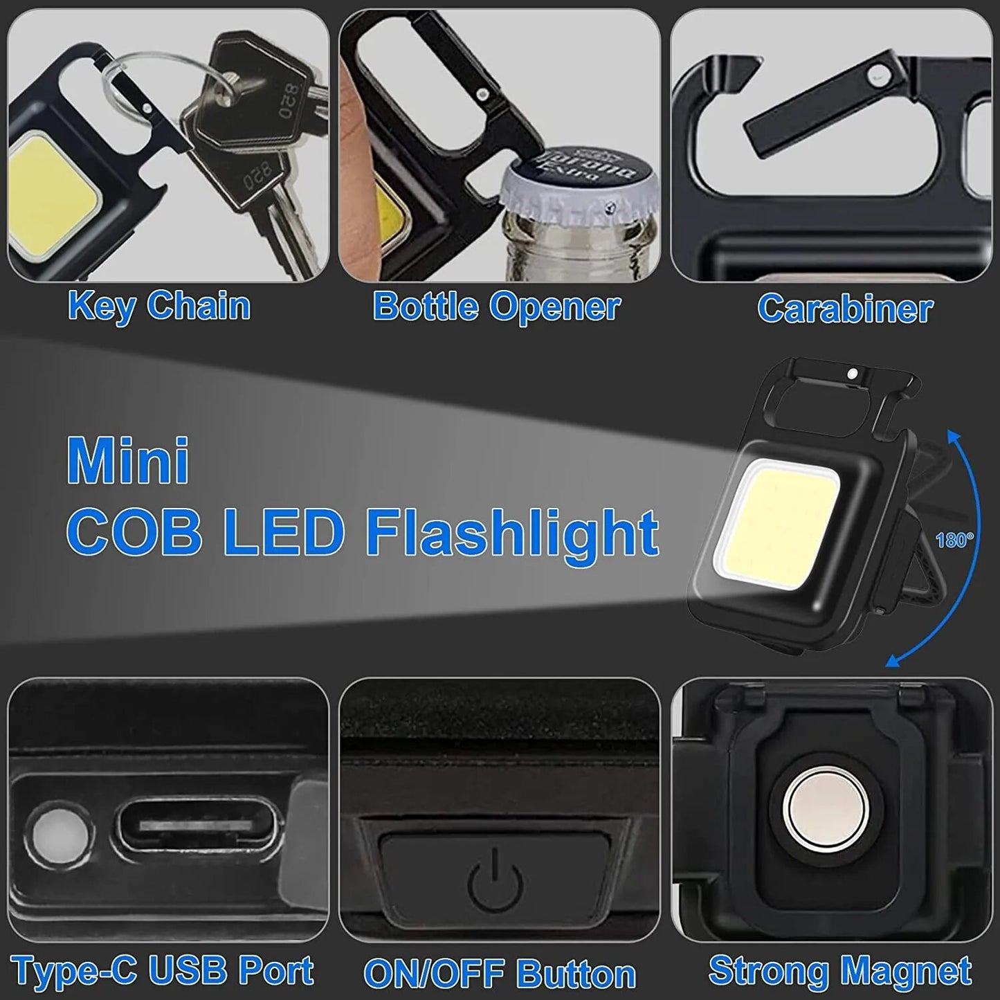 COB Keychain LED Flashlight with 1000 Lumens | 3 Light Modes and Folding Bracket: Rechargeable