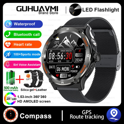 Outdoor LED-Flash Smartwatch für Herren | GPS, Kompass, BT 5.3 Anrufe, Health Assistent