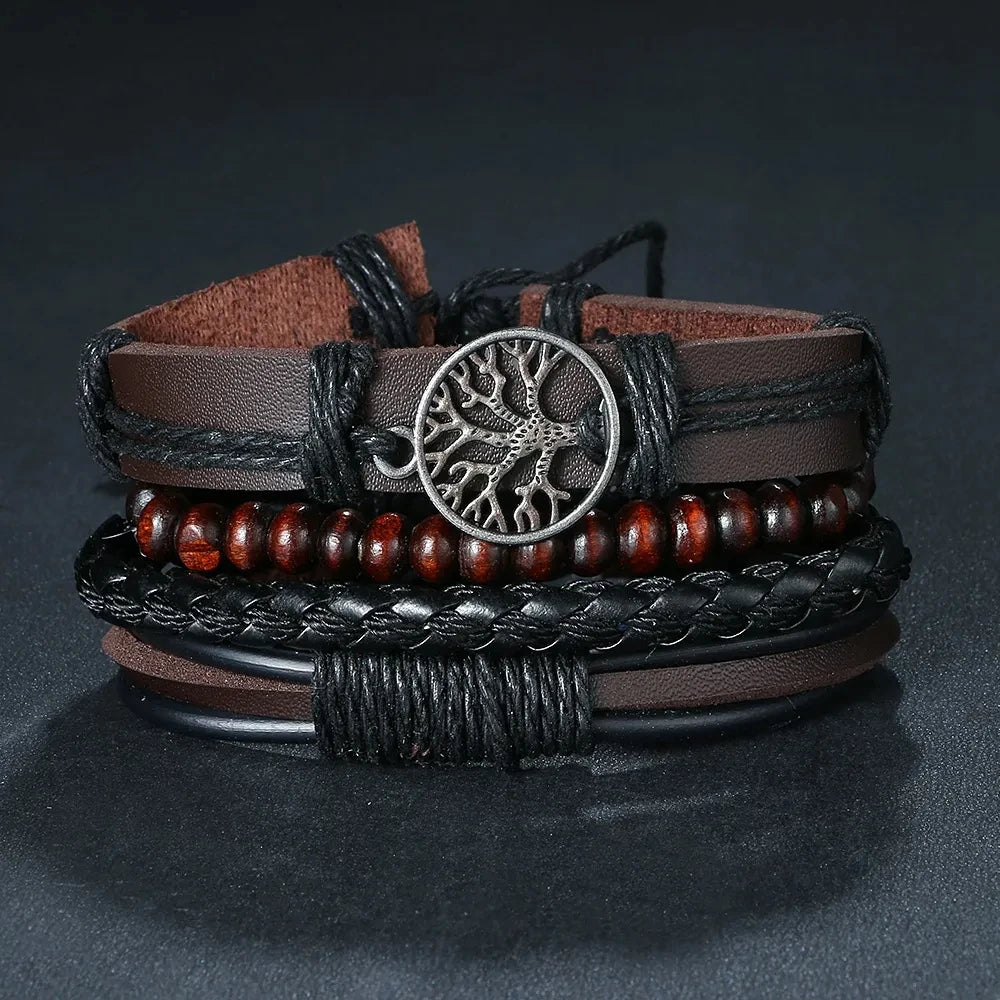 Vintage Ethno-Design Geflochtene Lederarmband für Männer mit Holzperlen 1