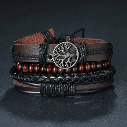 Vintage Ethno-Design Geflochtene Lederarmband für Männer mit Holzperlen 1