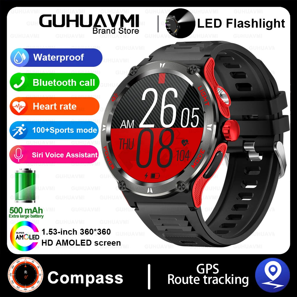 Outdoor LED-Flash Smartwatch für Herren | GPS, Kompass, BT 5.3 Anrufe, Health Assistent