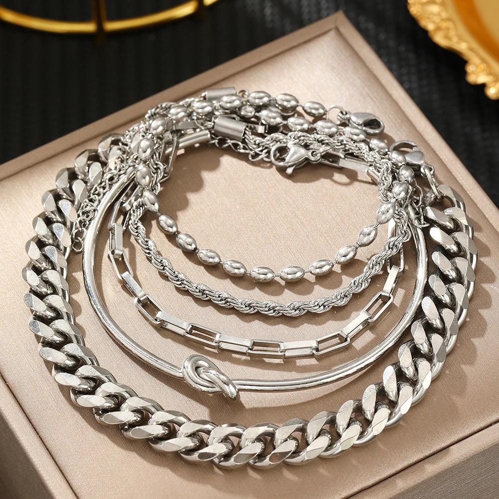 Modisches Edelstahl-Armband-Set | Luxuriöses Schmuckgeschenk für Damen (Silber)