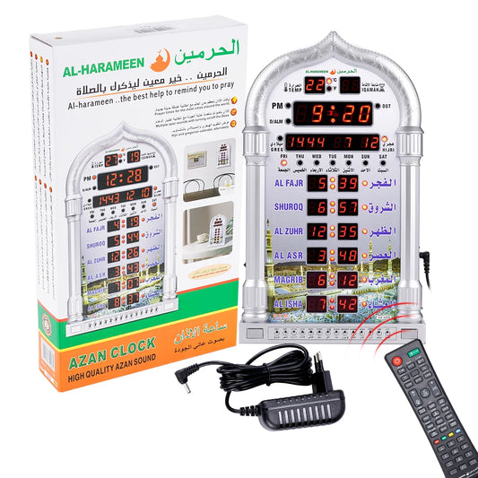 Digitale Islamische Gebetsuhr mit Adhan Alarm | Moschee Wandkalender (EU-Stecker, 110-240V) - Silber