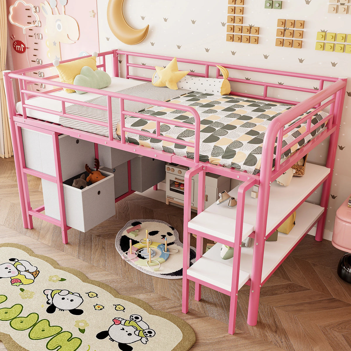 KOMHTOM Metallhochbett für Kinder 90x200 Cm mit Breiter Treppe Abgerundeten Ecken Stauraum Schubladen und Regalen – Bild 4