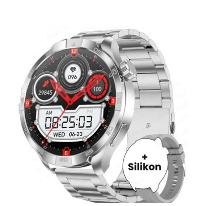 GT5 Pro Smartwatch 2024: GPS, NFC, 360° AMOLED, Bluetooth-Anrufe (Silber-Stahl)