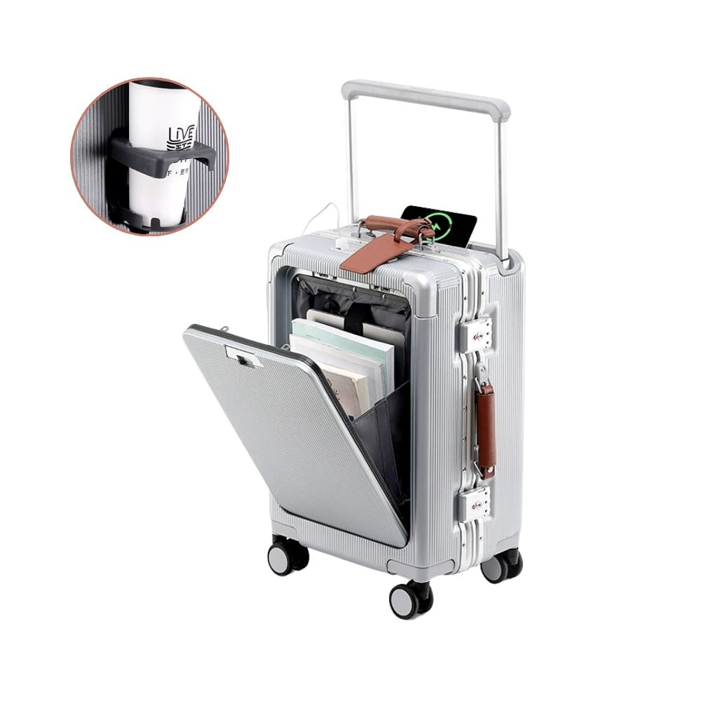 Multifunktional Trolley Koffer mit Frontöffnung | USB-Anschluss, Becherhalter, Handgepäck & Reisekoffer (Silber)