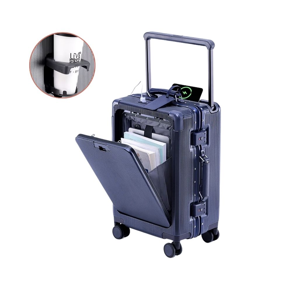 Multifunktional Trolley Koffer mit Frontöffnung | USB-Anschluss, Becherhalter, Handgepäck & Reisekoffer (Blau)