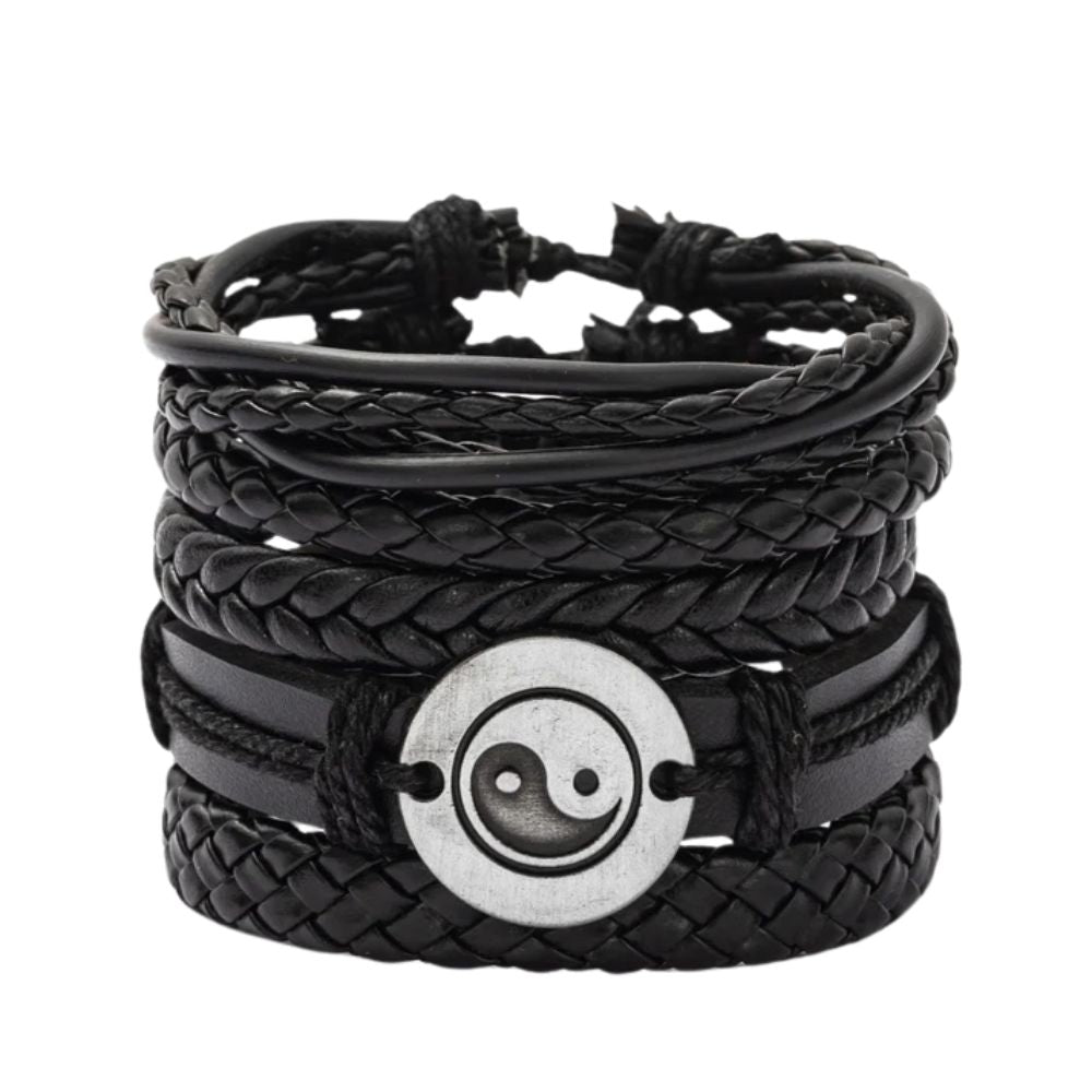 Vintage Ethno-Design Geflochtene Lederarmband für Männer mit Holzperlen (Ying Yang)