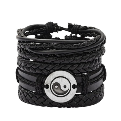 Vintage Ethno-Design Geflochtene Lederarmband für Männer mit Holzperlen (Ying Yang)