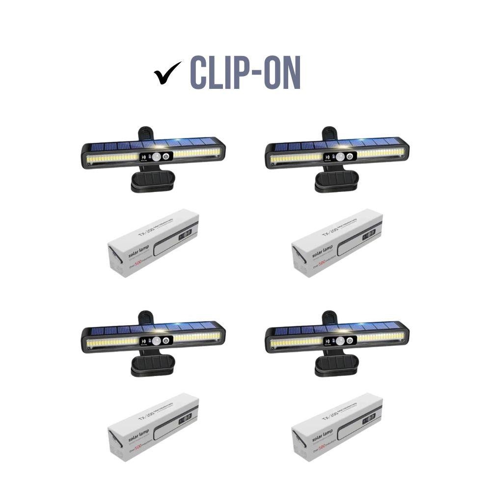 TX-200 Solar Bewegungsmelder für Außen | Wasserdicht mit 36 LEDs - Tragbare Sicherheitsleuchten (4x Clip-On)