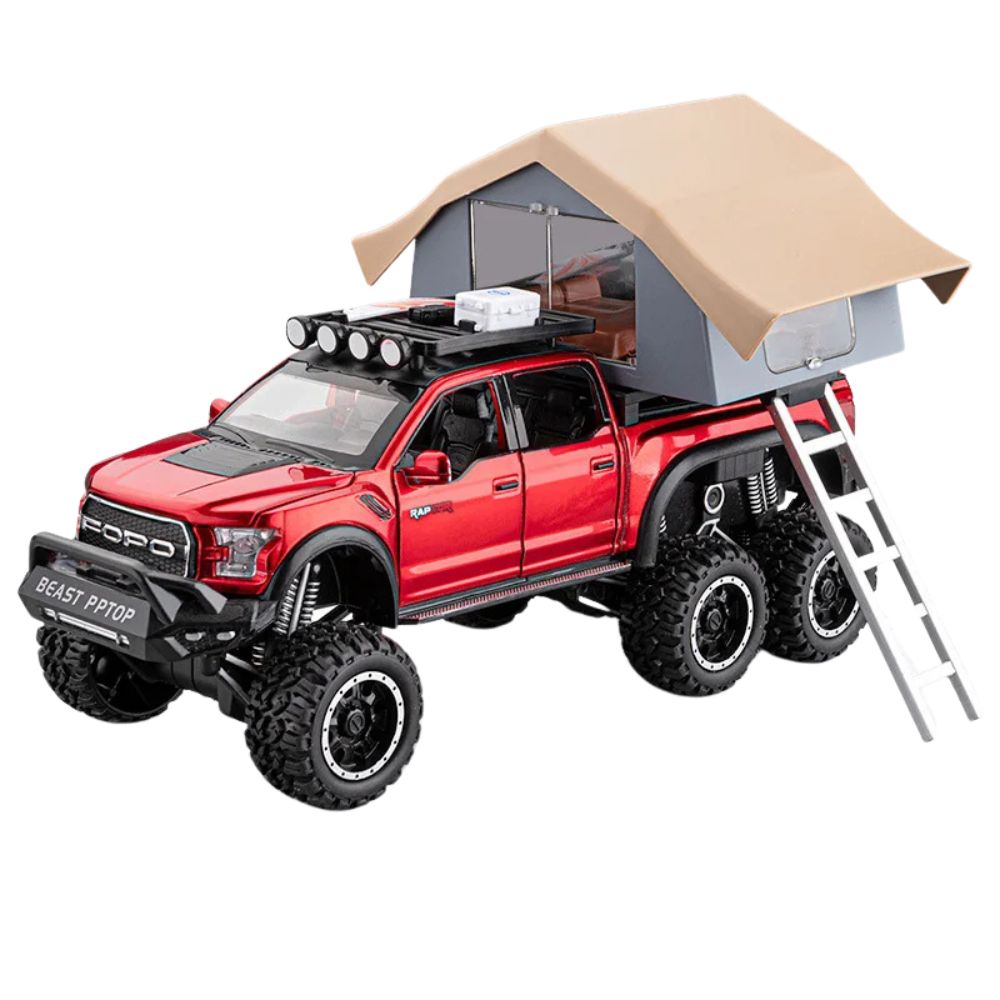 Ford Raptor F150 Modellauto (1:24) | 6 Türen, Licht & Sound, Camping RV, Sammler, Geschenk (Rot)