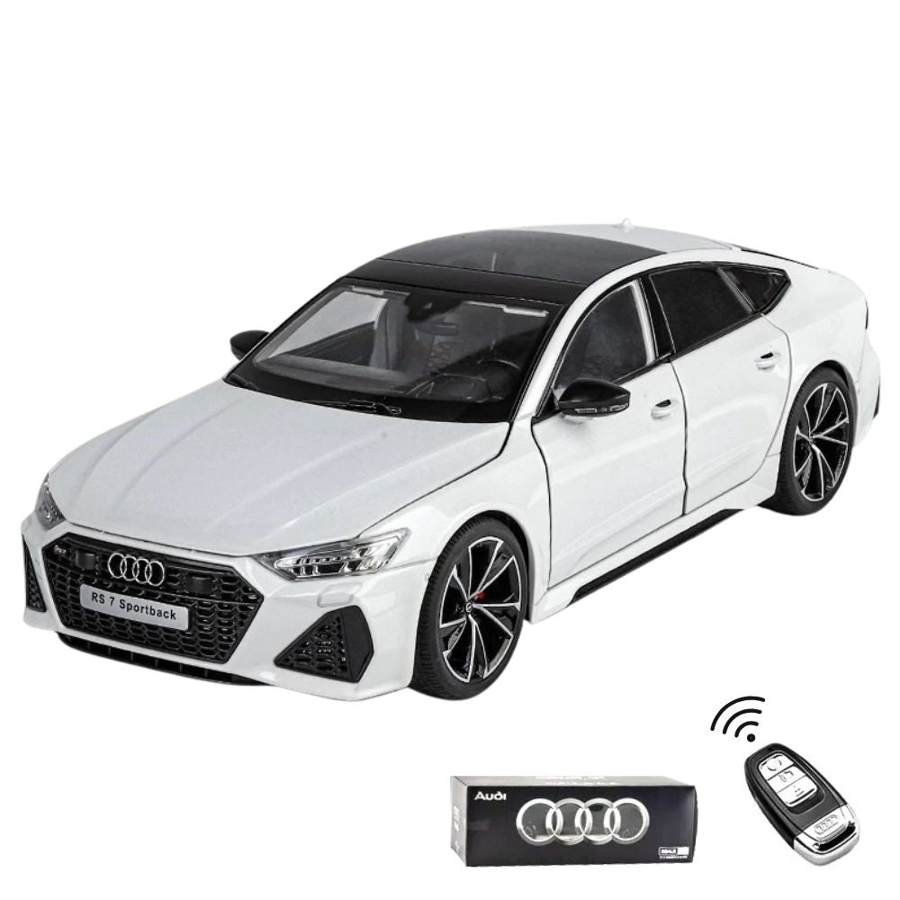Audi RS7 Sportback Modellauto (1:18) mit Fernbedienung und Geschenkbox, Sound & Licht | Sammlerstück, Geschenk (Weiß)