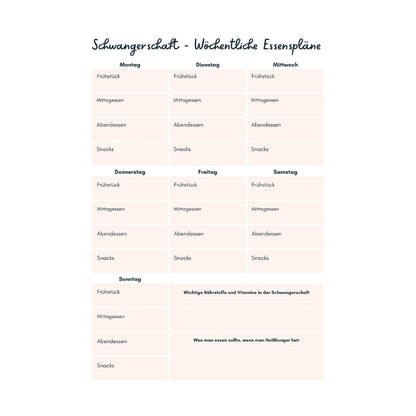 Schwangerschafts-Ernährungsplan: Wochenplaner für Frühstück, Mittag, Abend und Snacks
