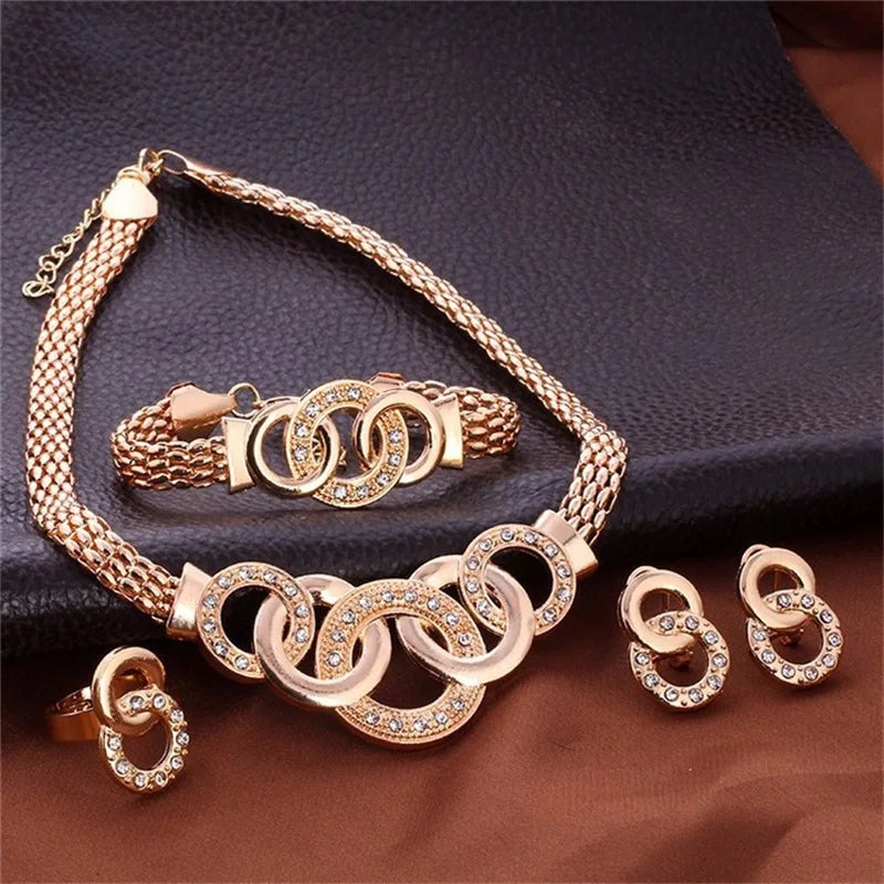Fünf-Ringe-Schmuckset für Damen | Halskette-Ohrringe-Ring-Armband
