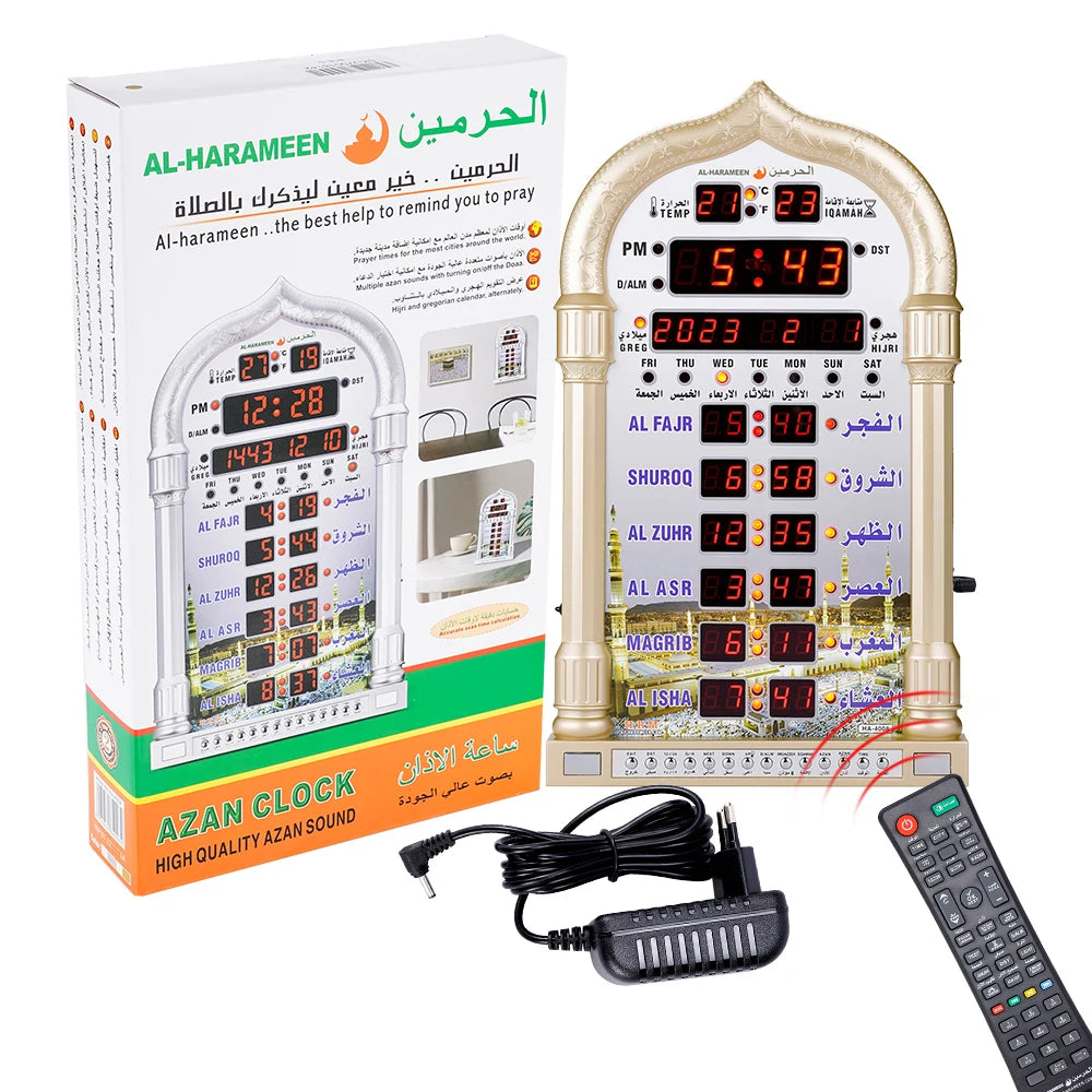 Digitale Islamische Gebetsuhr mit Adhan Alarm | Moschee Wandkalender (EU-Stecker, 110-240V)